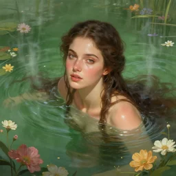 epic portrait a female viking swimming in a steamy green lake full of flowers, beauty, pretty face, glossy skin, digital painting, artstation, concept art, soft light, hdri, smooth, sharp focus, illustration, fantasy, intricate, elegant, highly detailed, D&D, matte painting, in the style of Greg Rutkowski and Alphonse Mucha and artemisia, 8k, highly detailed, jurgens, rutkowski, bouguereau, pastoral, rustic, georgic