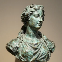 detailed photo of an old bronze patina statue of a woman bust, intricate detail, museum lighting