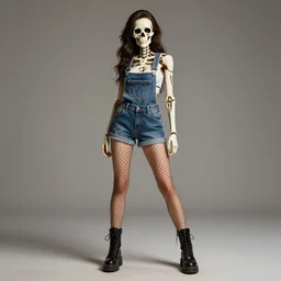 fully body pose, photo of a very beautiful!! skull woman, overalls, short shorts, fishnets, combat boots, 8 k, hdr, smooth, sharp focus, high resolution, award - winning photo, trending on artstation, dslr, 5 0 mm