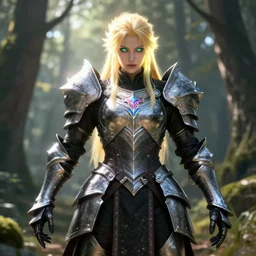 half - body, aasimar warlock, combat pose, glowing blonde hair, black and silver heavy armor, bright eyes, ornate, iridescent, very detailed, soft, sunlit forest, 1 6 k, octane render, ross tran, greg rutkowski, magali villeneuve, ayami kojima, symmetry