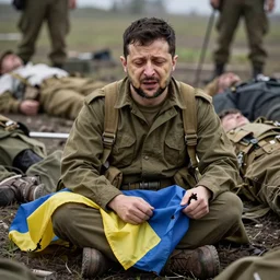 Volodymyr Zelensky at war,  dressed like  a Vietnam war American soldier ,  sitting on the ground between dead corpses , crying and weeping, holding a half burnt  flag of Ukraine, sharp focus, depth of field, hyper detailed, hyper realistic, High definition, by Donald McCullin