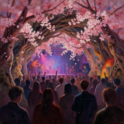 cherry blossom cavern night club. heavily stylized, oil painting by indie cartoonist. backlighting, chiaroscuro, intricate details, field of depth.