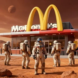 the first mcdonalds restaurant on mars by fantasy artist tiago da silva ( grafik ), people wearing pressure suits, highly detailed, cinematic, concept art, digital matte painting