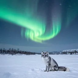 aurora borealis, snow blanket, arctic fox sitting down, side view, fully body, snow storm