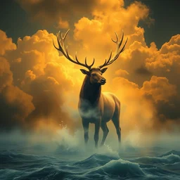 golden clouds surrounds a misty figure in the shape of an elk with water flowing and swirling colorful enigmatic dramatic moody