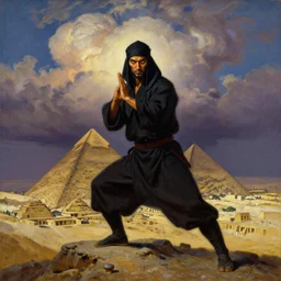 a dark orientalist close portrait of an egyptian / arabic style kung fu - monk with piercing eyes, in a fighting pose on top of a pyramid overlooking the ancient monumental egyptian ruin city at dusk under dramatic skies with billowing cumulus clouds, painted by anders zorn, beksinski, ruan jia