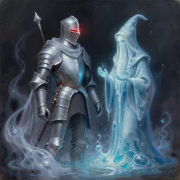a very elegant oil painting of a ghostly looking knight and a magical wizard made of magic slime combination, using magic, magic leaking out of them, smooth painting, medieval armor, custom armor design, pointy, the red glows coming through the knight helmet, paint smears, digital art, character design, d & d character, heavy shading, by vasnetsov