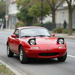 105mm photo of car full view mid distance photograph red Mazda Miata parked on street from 1965