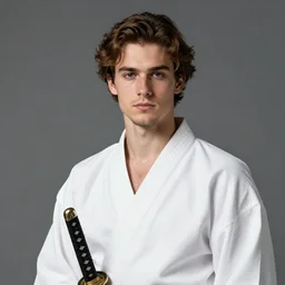 young man of average build. Light skin and medium wavy brown hair swept over his ears. Some light stubble on his face. He wears a white yukata and carries a katana. Craig Mullins. Portrait. featured on artstation
