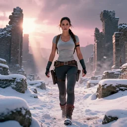 epic portrait of Mila Kunis as muscled Amazon Lara Croft walking through deep snowy ruins, sun rays through snow, pink golden hour, cold stormy wind, intricate, highly detailed, shallow depth of field, epic vista, Ralph Horsley, Daniel F. Gerhartz, Artgerm, Boris Villajo, Lilia Alvarado