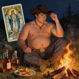 a serene, ethereal painting of a handsome mischievous thicc shirtless cowboy with a beer belly | night scene with campfire | food and jugs of whisky in the foreground | tarot card, art deco, art nouveau | by mark maggiori | trending on artstation