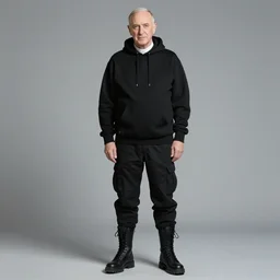 john paul ii standing in a black hoodie, black cargo pants and high black boots