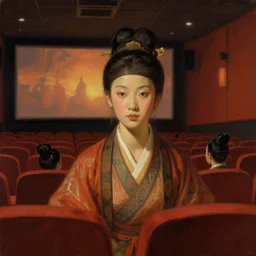 portrait of inside a movie theater in ancient china, artwork by gaston bussiere, craig mullins, trending on artstation - n 6