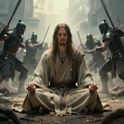cinematic artwork of russell brand in a robe meditating as warriors fight in a battle by greg rutowski, 4 k, fantasy, masterpiece