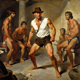 indiana jones at a roman bathhouse, painting by, tom of finland, gaston bussiere, craig mullins, j. c. leyendecker