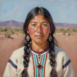 portrait of a hopi woman ( 3 5 ) from the hopi reservation in northeastern arizona, an oil painting by ross tran and thomas kincade
