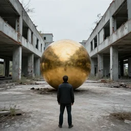 A man staring at a golden sphere in the middle of an abandoned constriction site.