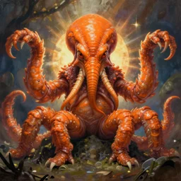 centered zoological portrait of orange cthulhu by james jean