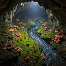 a colorful fungus garden in a cave, birds eye view, hiroo isono, dark, foggy, cavern, underground!!!!, beetles running through the moss, psychedelic, river running through it