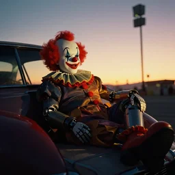 robot clown relaxing at a california drive in, in 2 0 0 2, cutecore clowncore, bathed in the the glow of the sunset, low - light photograph, in style of tyler mitchell
