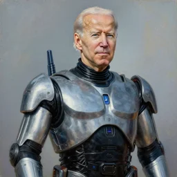 joe biden as robocop, realistic oil painting, style of norman rockwell, 8 k, super sharp, ultra detail, rule of thirds,