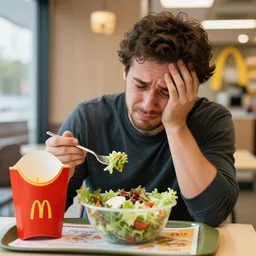 color photo of a sad crying man eating a big salad at a mcdonald's restaurant