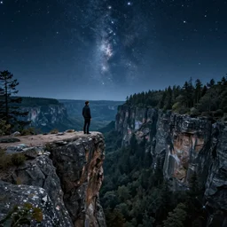 lonely man on the edge of a cliff. starry night, forest landscape, high gorge, high detail. deharme lise. zatzka hans. trending on artstation