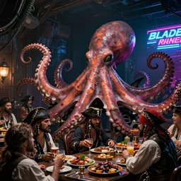 giant octopus having a party with pirates, buffet, celebration, photo realistic, 8k, artstation, Blade runner, neon signs in the distance, dark, cinematic, high contrast, epic