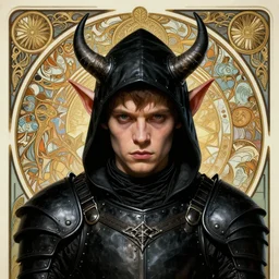 head-on symmetrical centered painted portrait, Macaulay Culkin as a goblin assassin, black leather armour, art nouveau, tarot card style, complex tarot card background, fantasy, intricate, elegant, highly detailed, smooth, sharp focus, illustration, artstation, in the style of Artgerm and Anna Podedworna and Alex Ross and Mucha