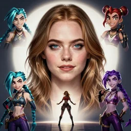 emma stone portrait, arcane netflix, arcane vi, arcane jinx, concept portrait, riot, acrace catoon, detailed expression, high quality, cinematic lighting, fantasy, reflective, spotlight, digital artwork