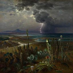 a scene of the devonian era, with extinct plants and vast oceans and mountains. a dark sky is looming above. very far away thunder storms are visible. in the style of hudson river school of art, oil on canvas