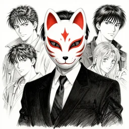 portrait of a man in kitsune demon fox mask and black suit, pen and ink, intricate line drawings, by craig mullins, ruan jia, kentaro miura, greg rutkowski