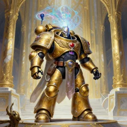 epic omnious academic drawing of a heroic but corrupted wh40k heretic marine having his consciousness uploaded into iridescent warp by Slaanesh his Highness the chaotic androgynous deity in solemn golden and marble slaaneshite temple by James Gurney, Zdislaw Beksinski, Alex Gray, Greg Rutkowski, Robert McCall