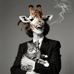 photographic portrait max ernst laughing woman giraffe feathers, wearing a suit, holding a cat, spiraling cigarette smoke, editorial