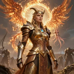 Viking Queen, on a battle field, cyberpunk, future, armor, wood, fiction, fantasy, dystopian, phoenix dragon, butterfly squid, burning halo, intricate artwork by Guy Denning and Anna Dittmann very coherent artwork, cinematic, hyper realism, high detail, octane render, unreal engine, 8k, Vibrant colors, Smooth gradients, High contrast, ,