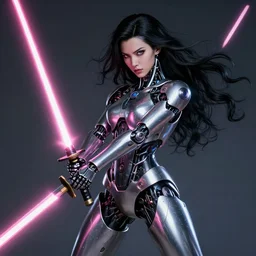 dark mimi, the beautiful metallic robot - woman, fought with a thirst for vengeance. she was armed with a gleaming katana and a neon pink lightsaber. her white streak in her black wavy hair was a stark contrast to her cybernetic wiring. her beauty was hyperrealistic and detailed. ai, the runaway ai, fought with the intent to convert all matter it could find into an