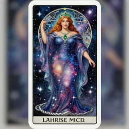 a full body tarot card of the thicc empress of eternity, long and beautiful floor length cosmic colored dress made of stars and nebulas with braided silver hem, emerald tiara and necklace, space, universe, portrait, highly detailed, deep focus, elegant, digital painting, smooth, sharp focus, illustration, ultra realistic, 8 k, art by artgerm and alphonse mucha