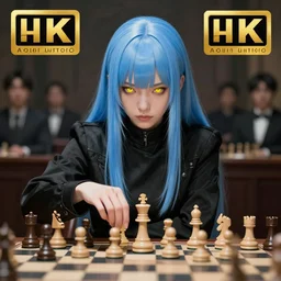 female playing chess,'with yellow eyes ', straight sky blue hair, long bangs, black jacket, high collar, concept art, award winning photography, digital painting, cinematic, by wlop, anime key visual, wlop, 8 k, by ross tran, chengwei pan, paul kwon,