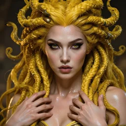 epic masterpiece Medusa, drama, sweaty skin, hyperrealistic, octane render, cinematic, beautiful face and flawless skin, perfect hands, 5 fingers,  yellow by Edgar Maxence and Ross Tran and Michael Whelan and Lorenzo Sperlonga, Brom, Legends of Runeterra