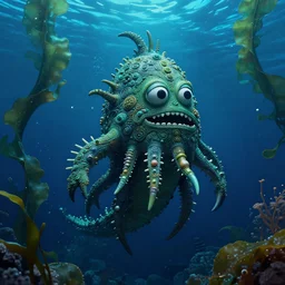 detailed, ornate, funny sea monster, creature by maurice sendak, shaun tan, made in hyperrealistic 3 d, dark green colours, nighttime, floating to the surface of a deep blue ocean with sea kelp, the ocean is glowing and effervescent