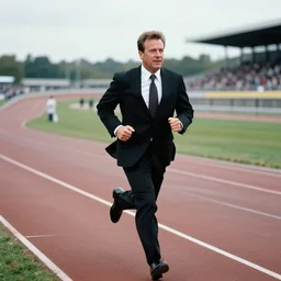 1 9 9 9 andy richter wearing a black suit and necktie running down a race track, kodak fun saver photo, overcast afternoon