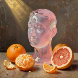 still life painting of a melting pink glass mannequin head, by pieter claesz, oil on canvas, strong lighting, highly detailed, peeled oranges, sliced grapefruit, hyper realism, golden hour, god rays, hd, 4 k