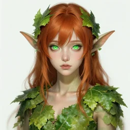 A realistic anime portrait of a beautiful dryad with glowing green eyes and ginger hair wearing clothes made of leaves, digital painting, by Stanley Artgerm Lau, Sakimichan, WLOP and Rossdraws, digtial painting, trending on ArtStation, SFW version