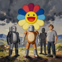 Takashi Murakami painting by alex grey, android jones, chris dyer, and aaron brooks