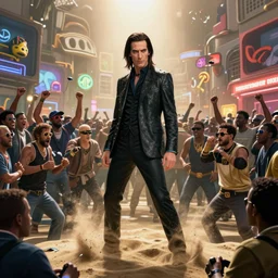 highly detailed full body portrait nick cave as sandman from dc comics fighting a large crowd, gta v, stephen bliss, unreal engine, fantasy art by cristian sauret, global illumination, radiant light, detailed and intricate environment