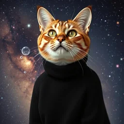 a portrait of a cat in a black turtleneck pullover with a galaxy in the background, photography, highly detailed