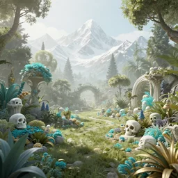 a beautiful 3 d render of a paradise garden, a peaceful land of the dead, perfect, hazy, volumetric lighting, snowy summits in the background, very detailed, serene, cirrus, cyan accents, gold accents, washed out colors, photorealistic, master level composition, raytracing