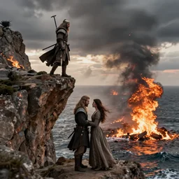 romantic meeting on a cliff between a Viking king and a Valkyrie above a burning ocean of war, By Emmanuel Lubezki