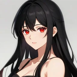 professional anime digital art of a beatiful girl with long black hair;  red eyes; face portrait; beautiful, appealing face, trending art