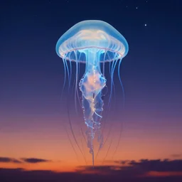 The luminous jellyfish floating in starlit sunset sky, italian futurism, Dan Mumford, da vinci, Josan Gonzalez